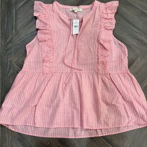LOFT Pink and White Striped Ruffle Blouse NWT Medium